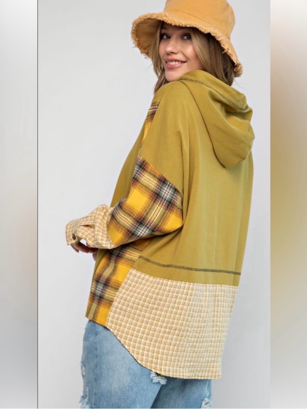 Plaid Panel Olive & Mustard Hooded Button-Down Shirt